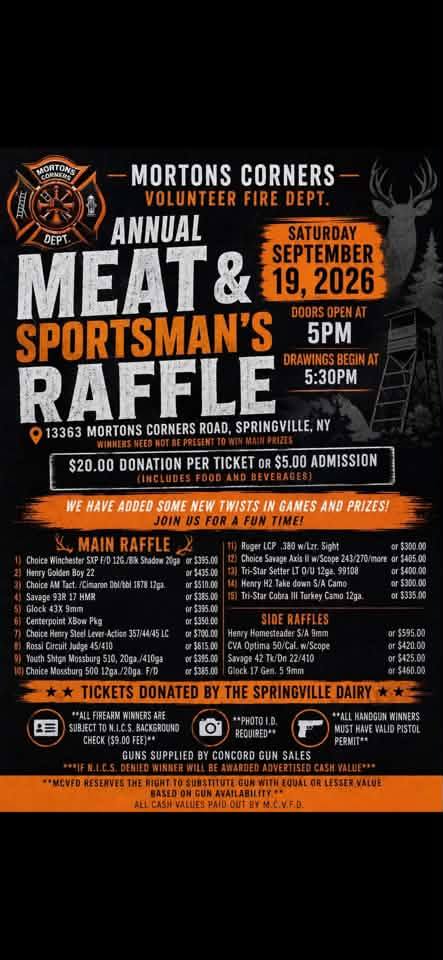 Flyer for Mortons Corners Annual Meat & Sportsman's Raffle