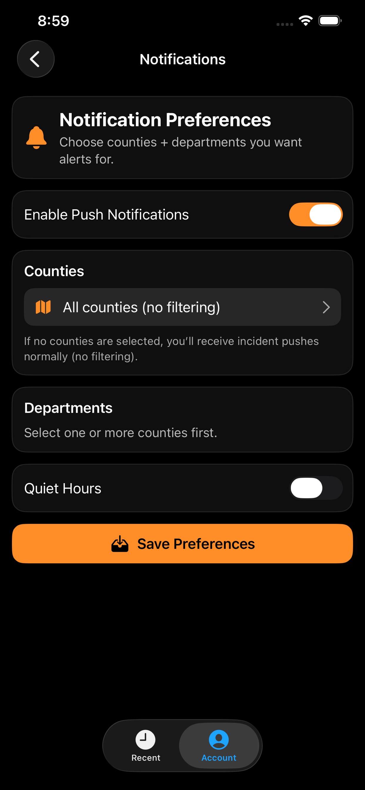 RAVEN notification preferences screen showing county and department choices